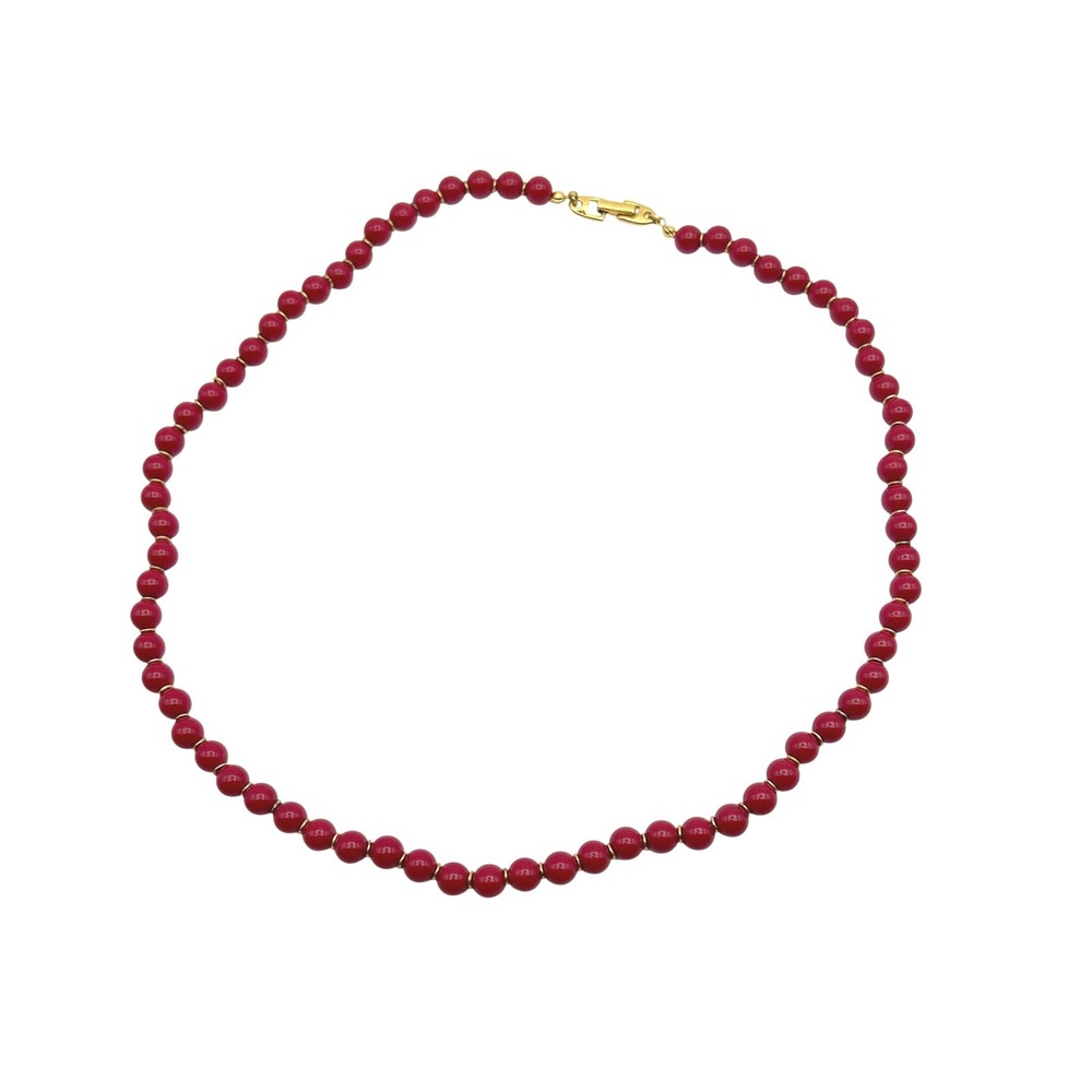 Vintage Napier Red Bead Necklace 23" Signed Gold Tone Foldover Clasp Statement